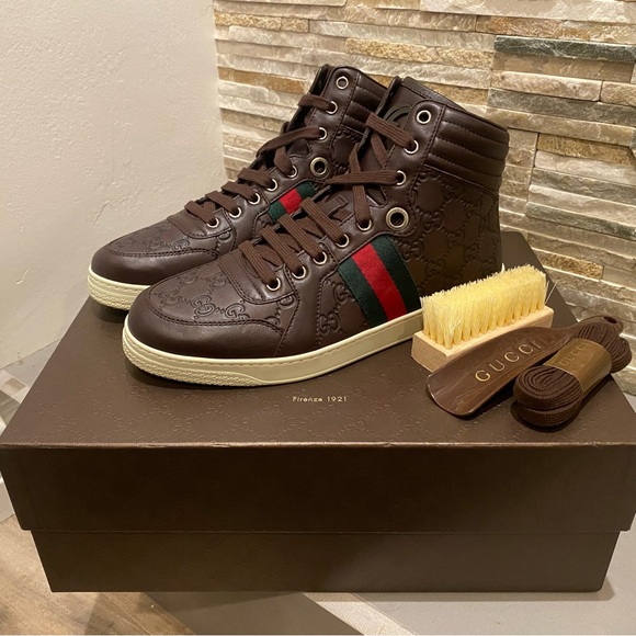 Gucci Guccissima monogram brown red & green stripe high top sneaker shoes mens 7 - Picture 1 of 6